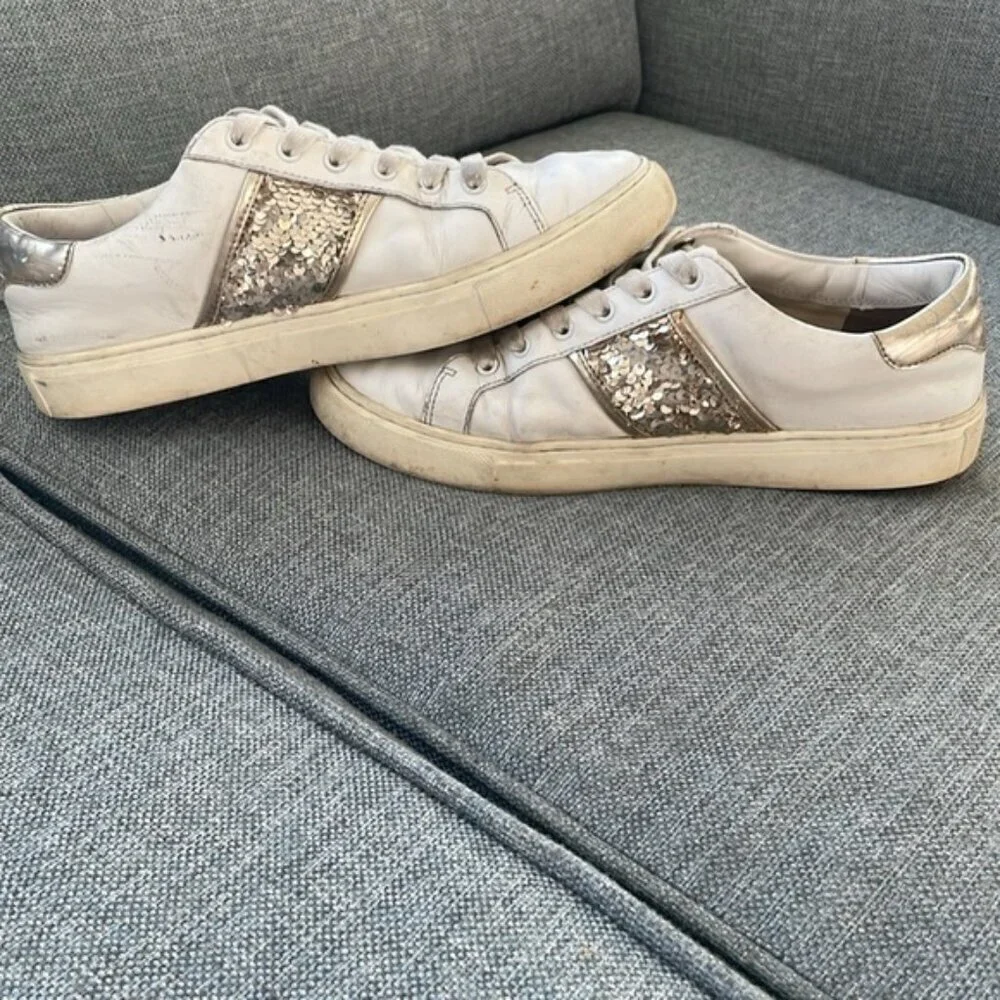 GC Tory Burch White Leather Sequins Detail Low Top Casual Lace Up Sneaker Sz 9